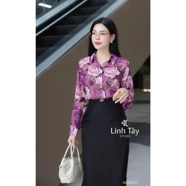 Sơ mi tơ Hàn hoa tím nữ dài tay cao cấp, họa tiết hoa to sang trọng công sở - 369k 3