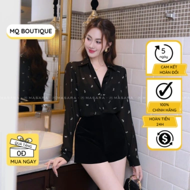 Sơ mi tơ nữ nhũ trắng đen MQ Boutique thiết kế nơ nhỏ tay dài cao cấp công sở - Giá ưu đãi 289k