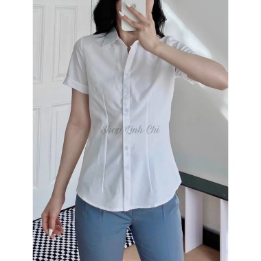 Sơ mi trắng tay ngắn LINH CHI vải lụa cao cấp mềm mịn không nhăn form đẹp – 185k