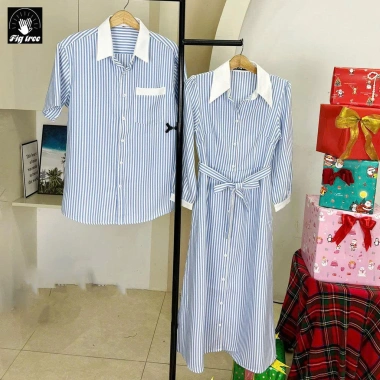 Sơ Mi Váy Đôi Fig Tree Sọc Đứng Trắng Xanh - Lên Dáng Cực Xinh, Giá Chỉ 220.000 cho Couple