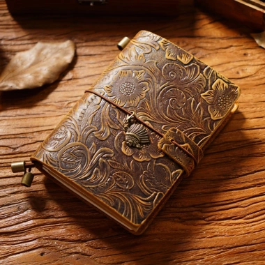 Sổ Tay Da Bò Thủ Công Khắc Hoa Văn Cổ Điển - Vintage Sang Trọng Da Mộc Craft
