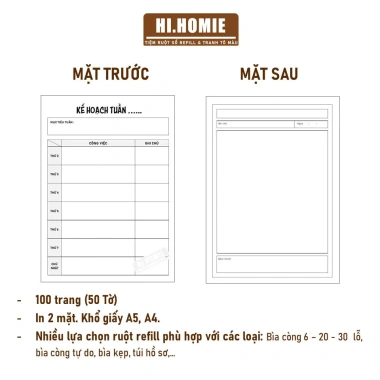 Sổ tay Kế hoạch tuần 100 trang – Weekly Planner giấy refill, ruột sổ còng, A5 A4 B5, giảm giá 5