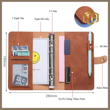Sổ Tiết Kiệm Tiền và Quản Lý Chi Tiêu A6 - 6 Còng 12 Túi Zip Da PU, Ghi Chú Kế Hoạch, 89.000₫