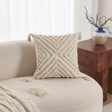Sofa phòng khách sang trọng, vỏ gối nhẹ, khăn thêu kem, đệm gối lông cừu - 176.419đ