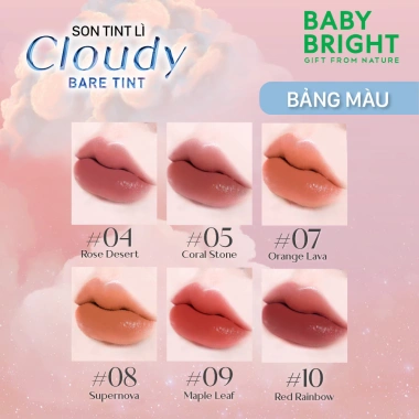Son Tint Lì Baby Bright Cloudy Bare Tint Siêu Nhẹ 2.6g Dễ Tán Màu, Dưỡng Ẩm, Giá 104k 5 Son Tint Lì Baby Bright Cloudy Bare Tint Siêu Nhẹ 2.6g Dễ Tán Màu, Dưỡng Ẩm, Giá 104k 5