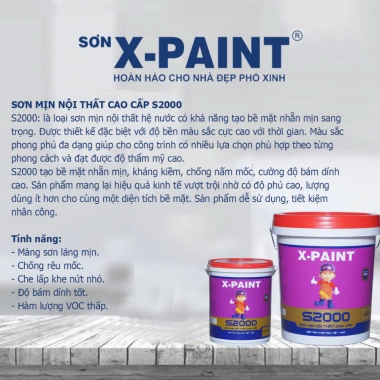 Sơn tường nội thất X-Paint S2.000 5kg - Giá ưu đãi 376.000đ, tặng rulo và chổi sơn 3