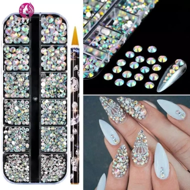 Springevenstar 12 Lưới Tròn Đáy Phẳng Móng Tay Kim Cương Giả AB Bút Khoan Lấp Lánh Trang Sức Đầy Màu Giá 33.990₫