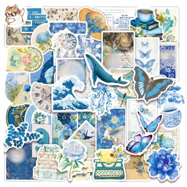 Sticker chống nước Cổ Tích xanh dương Vintage - Set 10/20/50, dán bàn ghế, tủ, xe, laptop A9 giá 25,000 VND