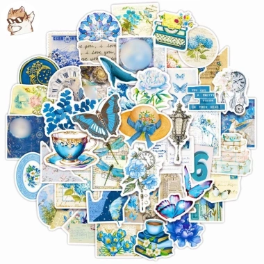 Sticker chống nước Cổ Tích xanh dương Vintage - Set 10/20/50, dán bàn ghế, tủ, xe, laptop A9 giá 25,000 VND