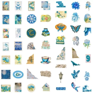 Sticker chống nước Cổ Tích xanh dương Vintage - Set 10/20/50, dán bàn ghế, tủ, xe, laptop A9 giá 25,000 VND