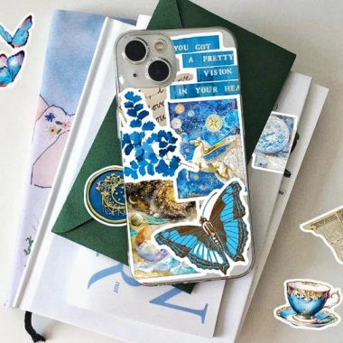 Sticker chống nước Cổ Tích xanh dương Vintage - Set 10/20/50, dán bàn ghế, tủ, xe, laptop A9 giá 25,000 VND