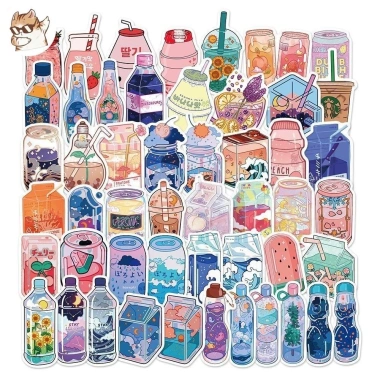 Sticker chống nước Đồ Uống Hộp Sữa Cute Art - Set 10/20/50, dán bàn ghế, tủ xe laptop CN47, giá ưu đãi 25.000