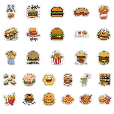 Sticker chống nước Hamburger Hotdog Fastfood - Set 10/20/50, Dán Bàn Ghế Xe Laptop - 25k