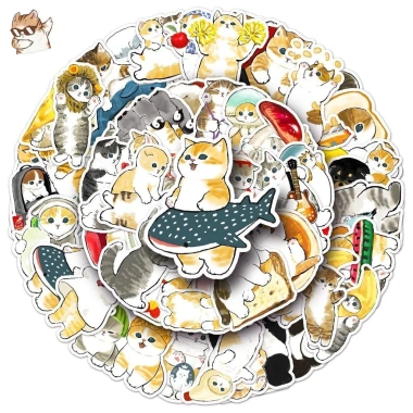 Sticker chống nước mèo con cute vàng xám dán bàn ghế tủ xe laptop 5/10/20/50 miếng