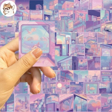 Sticker chống nước thành phố anime màu tím - Dán mọi bề mặt, 5-50 cái, 25.000 VND 2