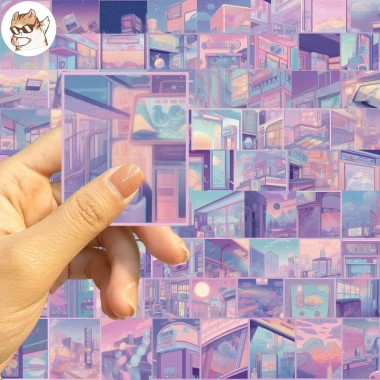 Sticker chống nước thành phố anime màu tím - Dán mọi bề mặt, 5-50 cái, 25.000 VND 5