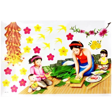 Sticker decal dán tường kính 90x60cm mẫu gói bánh chưng - Trang trí Tết, giá ưu đãi 55.000₫