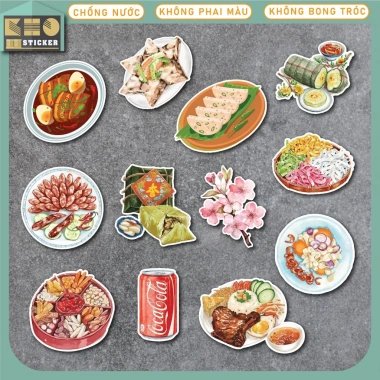 Sticker Món Ăn Ngày TẾT 50 miếng chống nước dán đa năng mũ bảo hiểm, điện thoại, laptop, guitar, vali - ST249