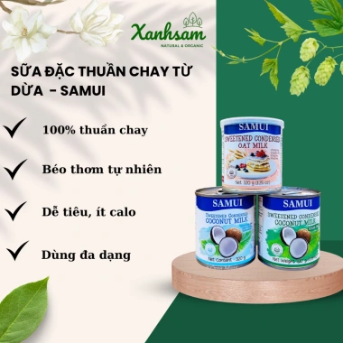 Sữa đặc thuần chay dừa Samui XANHSAM Natural Organic, giá 136.730, giảm 113.000, vị ngọt tự nhiên, không lactose