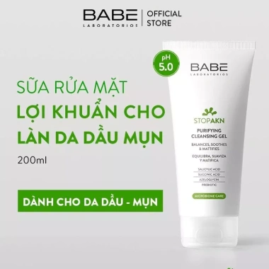 Sữa Rửa Mặt BABE Stop Akn Gel 200ml - Dầu Mụn Sạch Sâu, Kiểm Soát Dầu Nhờn