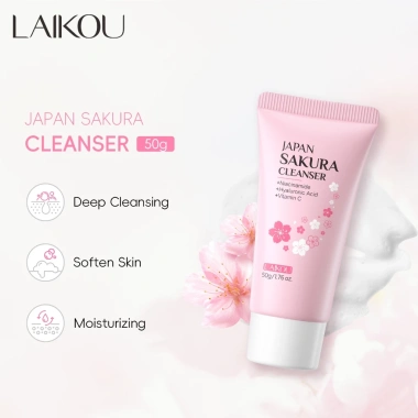 Sữa rửa mặt LAIKOU hoa anh đào Nhật Bản kiềm dầu, làm sạch mụn đầu đen, thu nhỏ lỗ chân lông 50g - giá 45.100 VNĐ