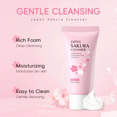 Sữa rửa mặt LAIKOU hoa anh đào Nhật Bản kiềm dầu, làm sạch mụn đầu đen, thu nhỏ lỗ chân lông 50g - giá 45.100 VNĐ