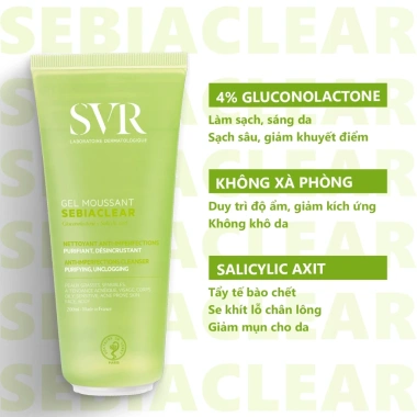 Sữa rửa mặt SVR Sebiaclear da dầu mụn không xà phòng - Kiểm soát bã nhờn, giảm mụn, 145k