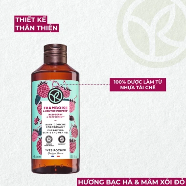 Sữa tắm gel Yves Rocher Raspberry Peppermint 400ml - hương mâm xôi đỏ, bạc hà tươi mát, dưỡng ẩm, chỉ 275k