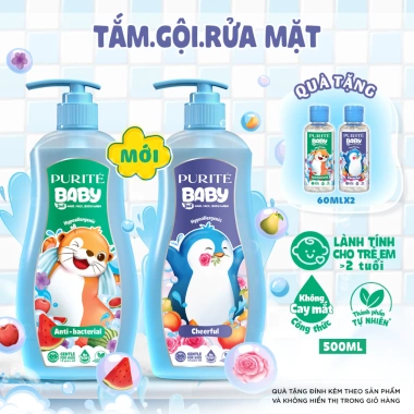 Sữa Tắm Gội Rửa Mặt 3in1 Purité Baby Kháng Khuẩn Vui Nhộn 500ml và Set 2 60ml Lăn 20ml - Giá ưu đãi 223.000đ