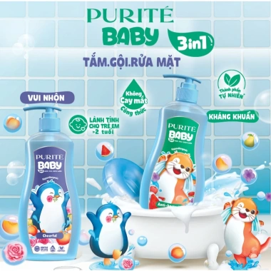 Sữa Tắm Gội Rửa Mặt 3in1 Purité Baby Kháng Khuẩn Vui Nhộn 500ml và Set 2 60ml Lăn 20ml - Giá ưu đãi 223.000đ