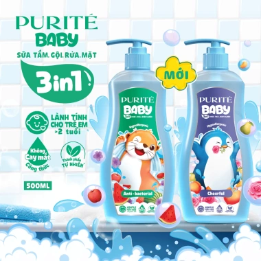 Sữa Tắm Gội Rửa Mặt 3in1 Purité Baby Kháng Khuẩn Vui Nhộn 500ml và Set 2 60ml Lăn 20ml - Giá ưu đãi 223.000đ