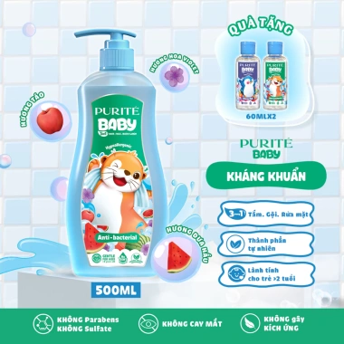 Sữa Tắm Gội Rửa Mặt 3in1 Purité Baby Kháng Khuẩn Vui Nhộn 500ml và Set 2 60ml Lăn 20ml - Giá ưu đãi 223.000đ