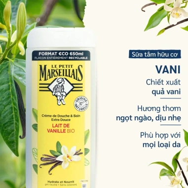 Sữa tắm Le Petit Marseillais 92% hữu cơ 650ml Dưỡng ẩm, hương thơm nhẹ, giảm giá 319.000 VND