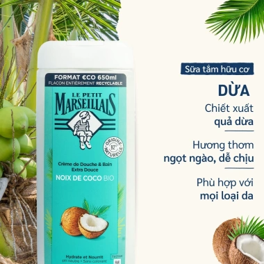 Sữa tắm Le Petit Marseillais 92% hữu cơ 650ml Dưỡng ẩm, hương thơm nhẹ, giảm giá 319.000 VND