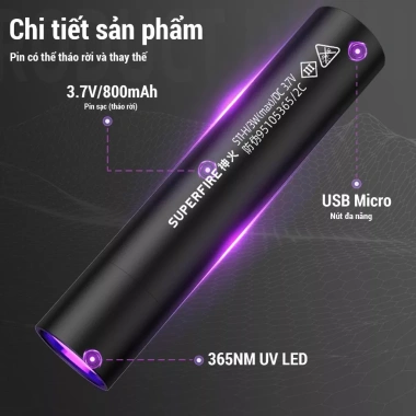 SUPERFIRE S11-H 3W LED UV USB sạc lại - Đèn đen 365nm kiểm tra nước tiểu giá 142.000₫