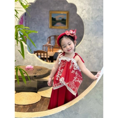 SY9 Kèm Mấn Hoa - Sét Yếm TẾT 2.026 + Váy Hoa Nguyệt Xinh Xắn cho Bé Vani Kids 139k 4