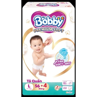 Tã quần Bobby Premium Soft L56+4 - Giá ưu đãi 319,000đ, mềm mại thấm hút Tã quần Bobby Premium Soft L56+4 - Giá ưu đãi 319,000đ, mềm mại thấm hút
