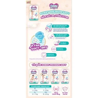 Tã Quần Bobby Premium Soft Size M60+4 - Giá ưu đãi 319k, thấm hút siêu tốt, mềm mại, không kích ứng