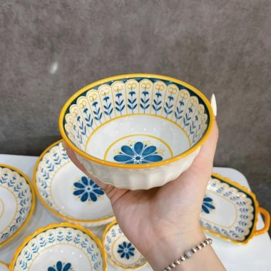 Tách Lẻ Thổ Cẩm Hoa Xanh Viền Vàng - Men Sáng Mịn, Nhật Bản Hàng Đẹp 16,000 VND