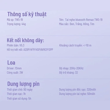 Tai Nghe Bluetooth Remax TWS-19 Pin Lâu 5 Tiếng, Chống Ồn, Mic Đàm Thoại - Giá 272.000₫