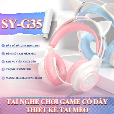 Tai nghe chơi game có dây SY-G35 tai mèo dễ thương, đèn LED RGB, giảm giá 252.000₫