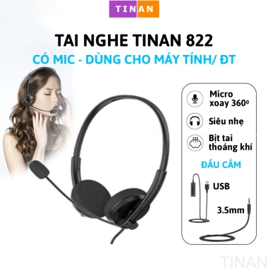 Tai Nghe Có Dây USB TinAN BW822 kèm Mic - Giá ưu đãi 198.000₫, phù hợp cho chăm sóc khách hàng, học online