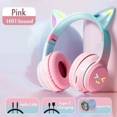 Tai nghe trẻ em không dây SPRISE BT618 tai mèo phát sáng, gập lại, HIFI, 10h pin, TF 7