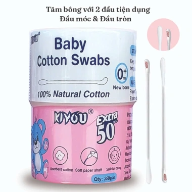 Tăm bông ngoáy tai Kiyou cho bé sơ sinh Bông tự nhiên hộp 250 que Uni 25.000₫