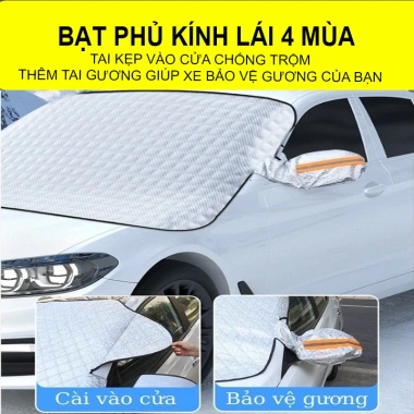 Tấm Che Nắng Kính Lái Ô Tô Cao Cấp 4 Lớp Tráng Bạc, 9 Nam Châm, 4 Dây Đai, Tai Gương Phản Quang - 162k