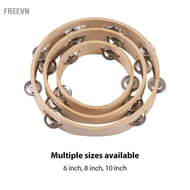 Tambourine 10 inch freevn WOTAO cho người lớn - âm thanh leng keng, nhẫn gỗ quay tay, màu tự nhiên, nhạc cụ gõ kim loại
