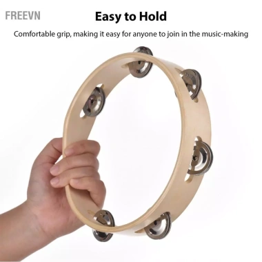 Tambourine 10 inch freevn WOTAO cho người lớn - âm thanh leng keng, nhẫn gỗ quay tay, màu tự nhiên, nhạc cụ gõ kim loại