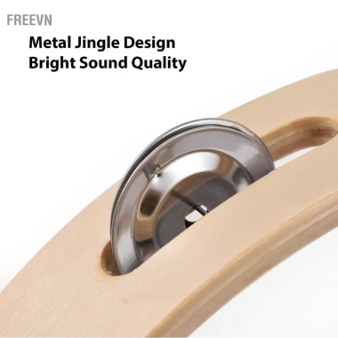 Tambourine 10 inch freevn WOTAO cho người lớn - âm thanh leng keng, nhẫn gỗ quay tay, màu tự nhiên, nhạc cụ gõ kim loại