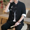 Tang Áo Sơ Mi Nam Mùa Hè Trung Quốc Cách Cần Cẩu Mỏng Thêu Khóa Linen 3/4 Tay