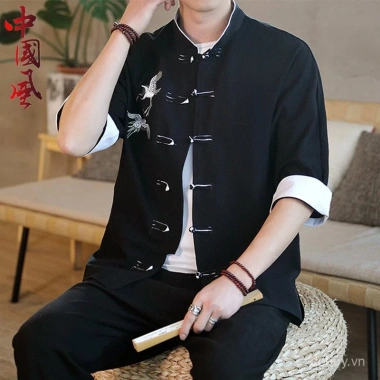 Tang Áo Sơ Mi Nam Mùa Hè Trung Quốc Cách Cần Cẩu Mỏng Thêu Khóa Linen 3/4 Tay Tang Áo Sơ Mi Nam Mùa Hè Trung Quốc Cách Cần Cẩu Mỏng Thêu Khóa Linen 3/4 Tay